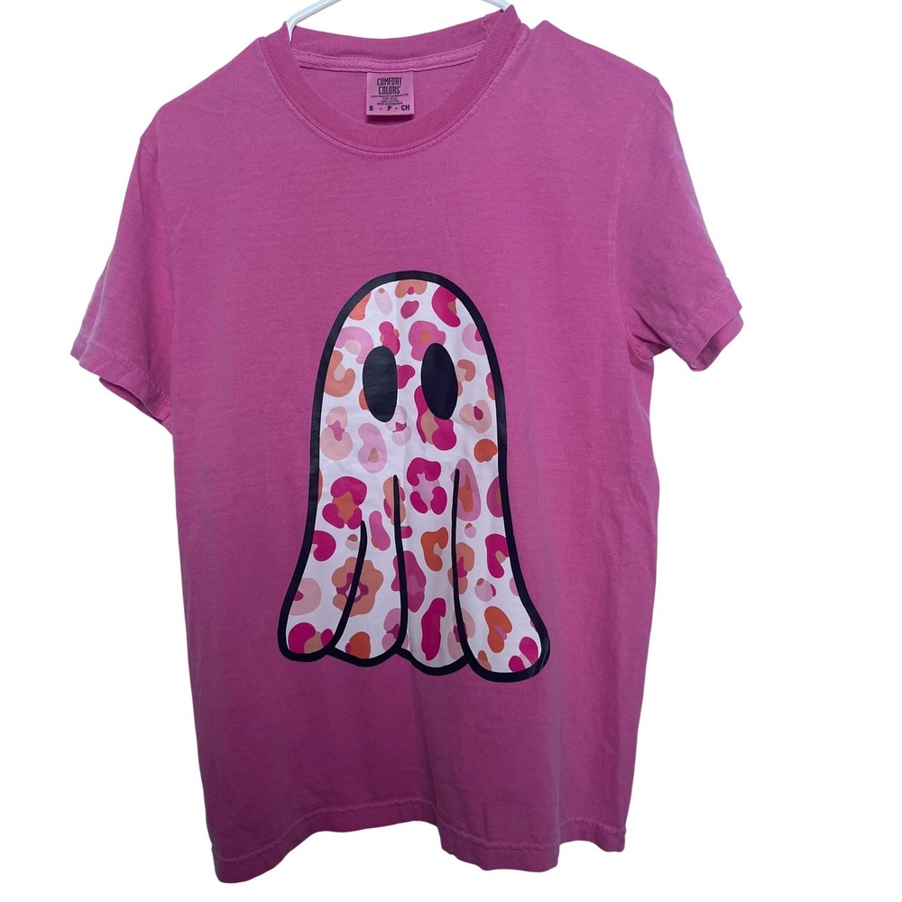 Comfort Colors Pink Leopard Print Ghost Graphic T-Shirt Small Halloween Pac Man